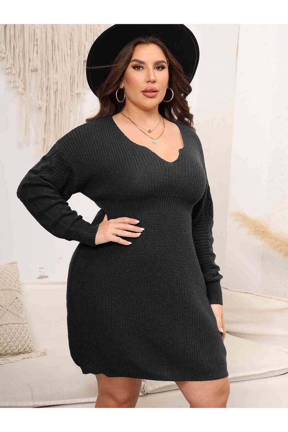 Plus Size Dropped Shoulder Long Sleeve Knit Mini Dress