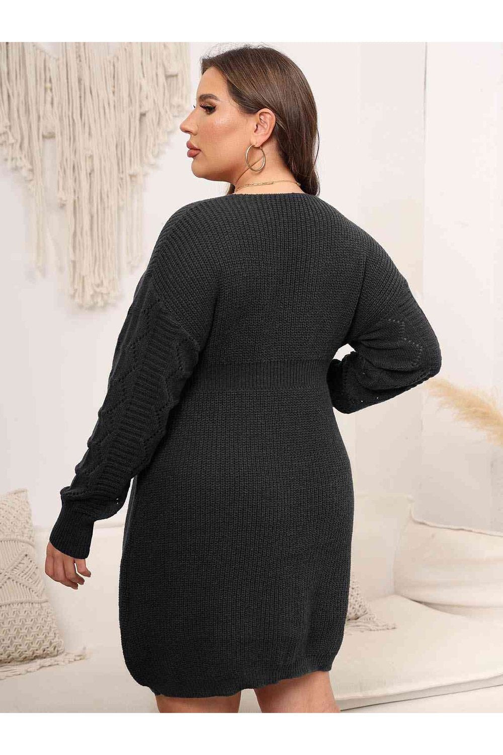 Plus Size Dropped Shoulder Long Sleeve Knit Mini Dress