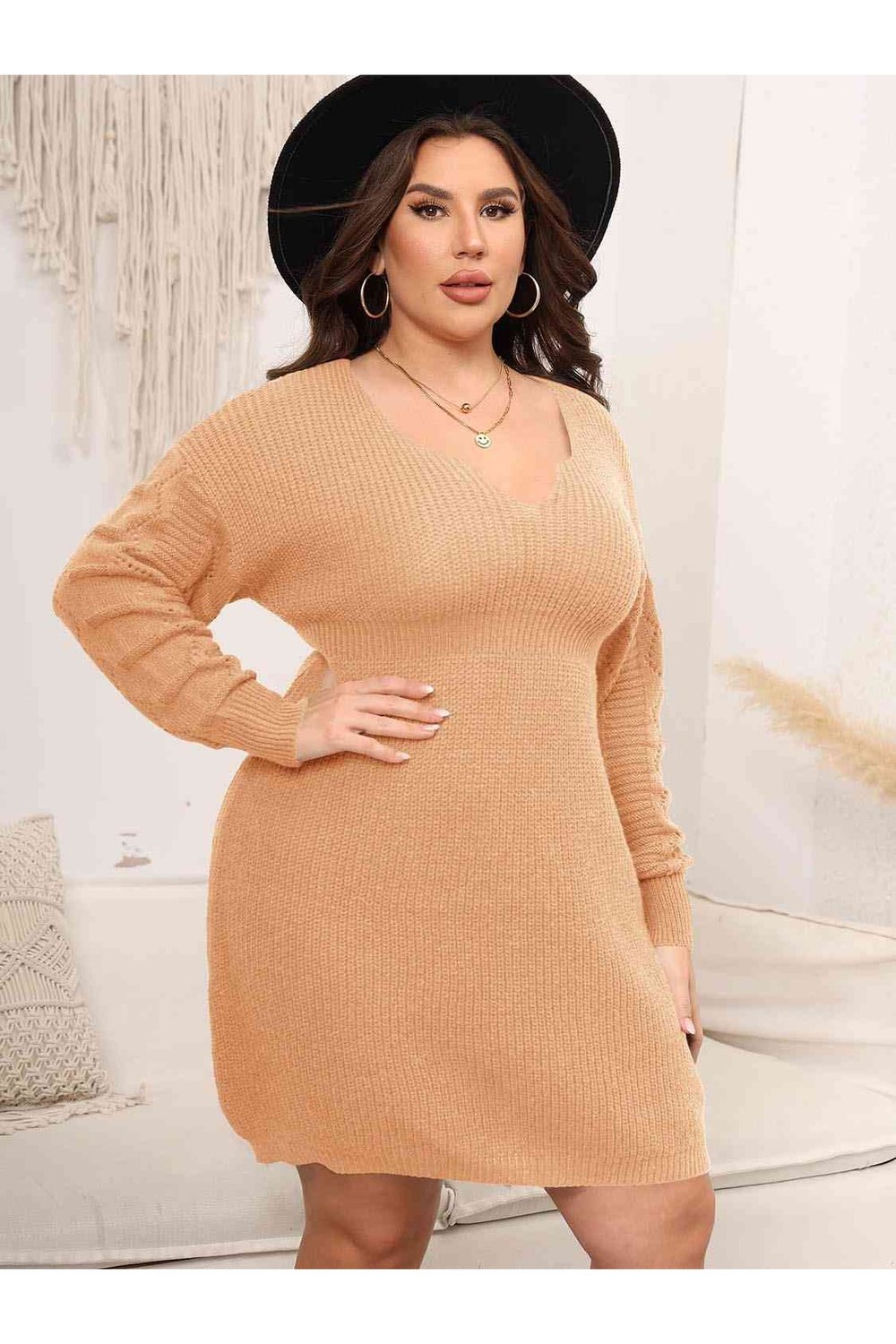 Plus Size Dropped Shoulder Long Sleeve Knit Mini Dress