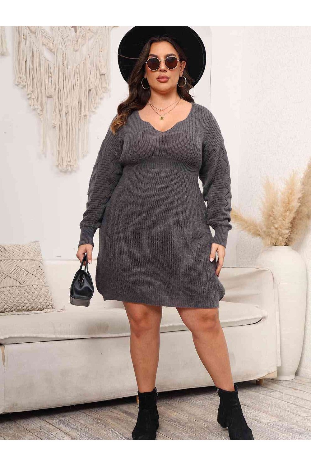 Plus Size Dropped Shoulder Long Sleeve Knit Mini Dress