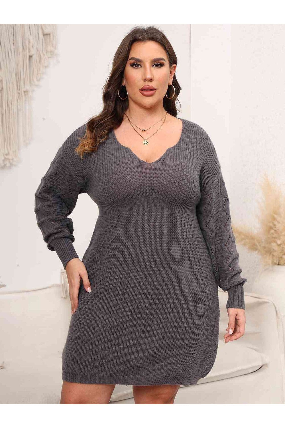 Plus Size Dropped Shoulder Long Sleeve Knit Mini Dress