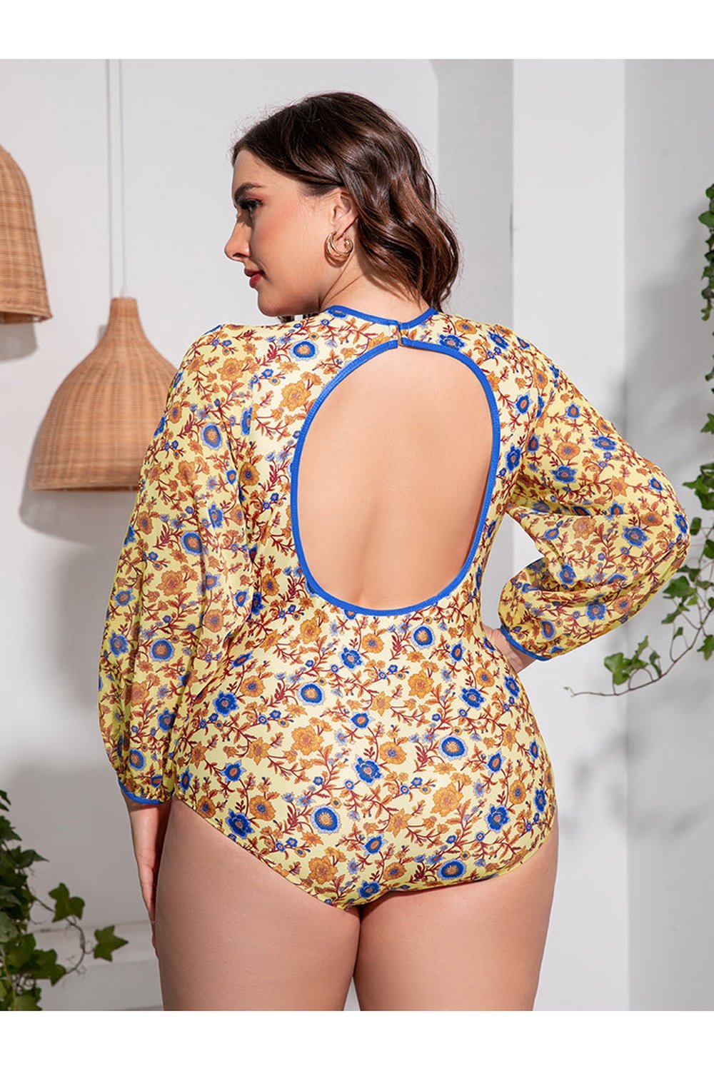 Plus Size Floral Open Back Long Sleeve One-Piece Swimsuit