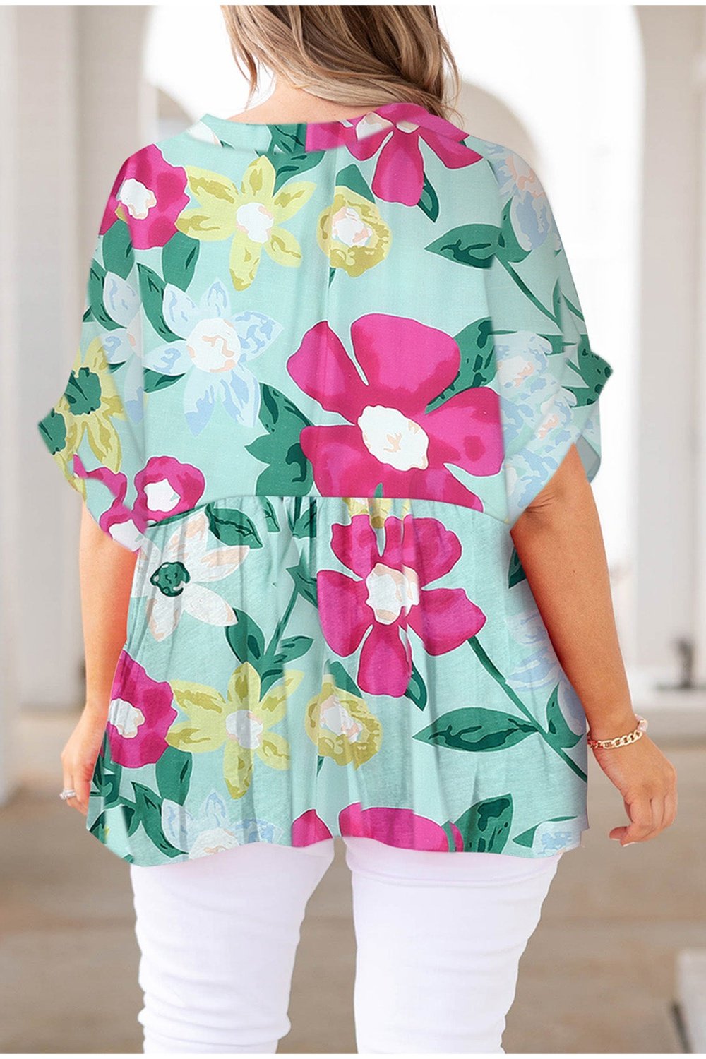 Plus Size Printed Notched Neck Half Sleeve Top