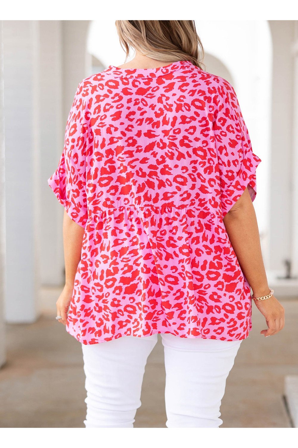 Plus Size Printed Notched Neck Half Sleeve Top