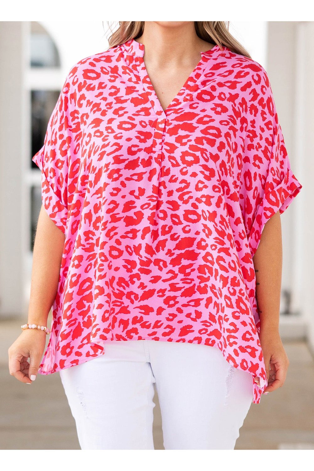 Plus Size Printed Notched Neck Half Sleeve Top