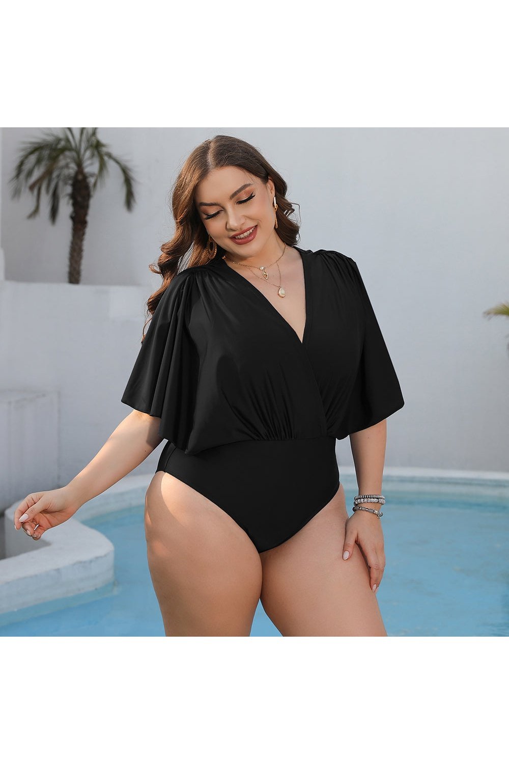 Plus Size Ruched Surplice Neck One-Piece Swimsuit