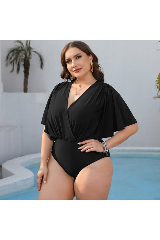 Plus Size Ruched Surplice Neck One-Piece Swimsuit