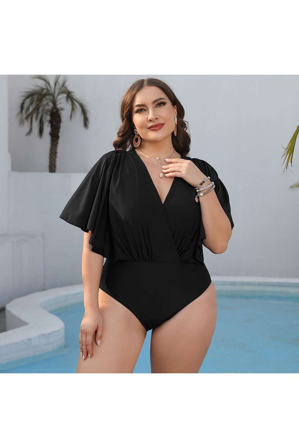 Plus Size Ruched Surplice Neck One-Piece Swimsuit