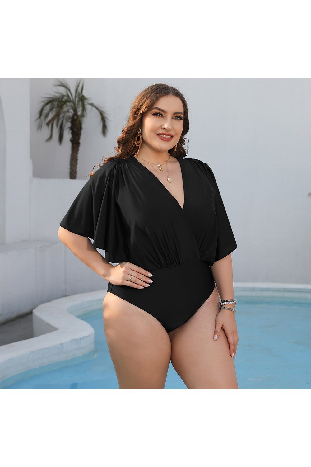 Plus Size Ruched Surplice Neck One-Piece Swimsuit