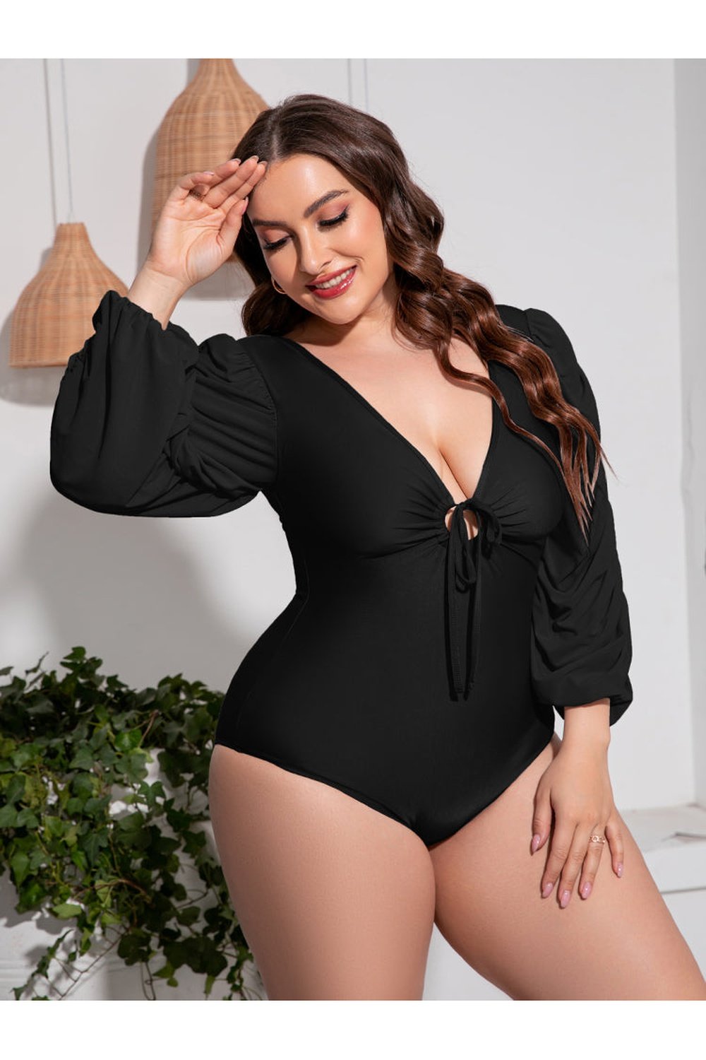 Plus Size Tied Deep V Balloon Sleeve One-Piece Swimsuit