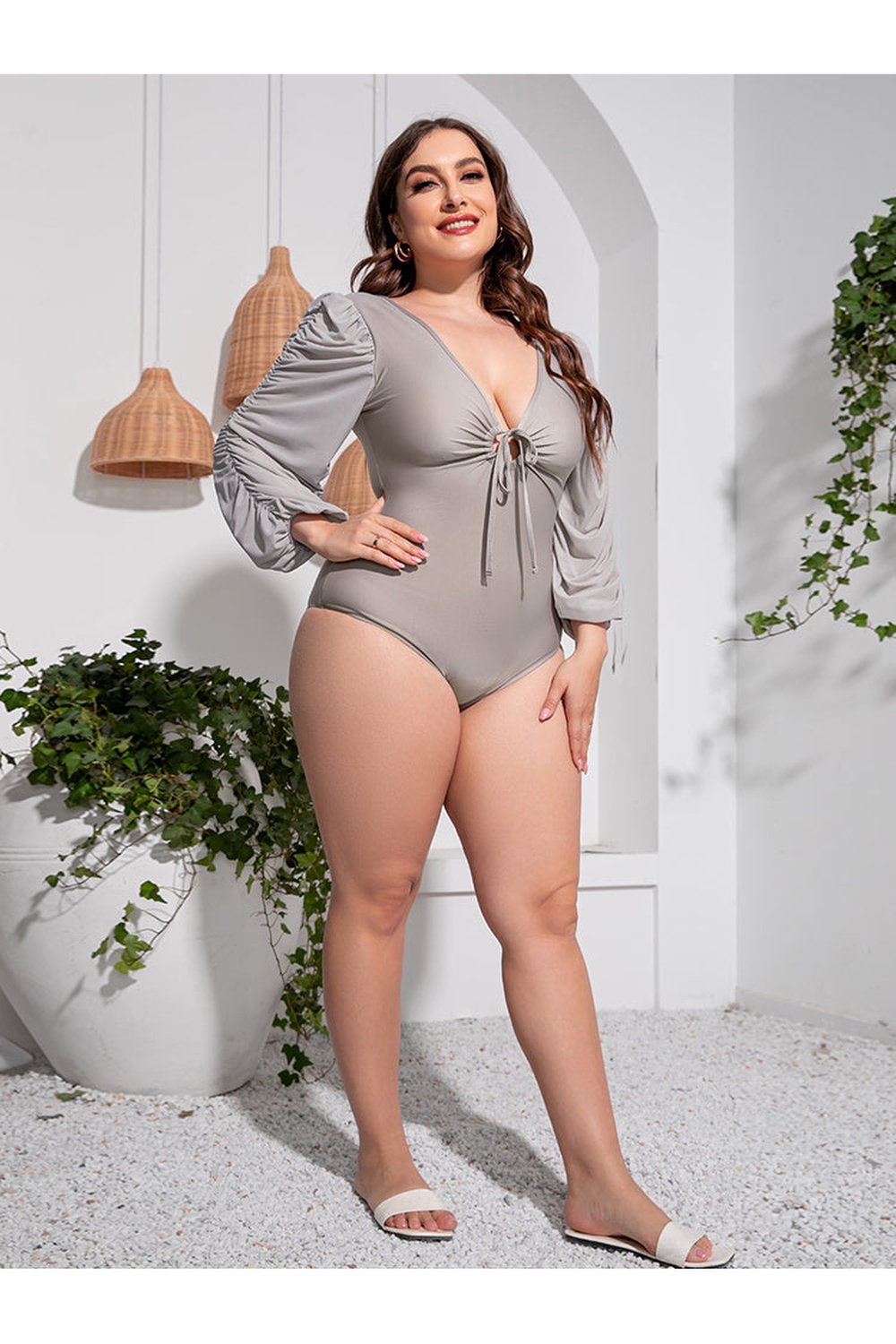 Plus Size Tied Deep V Balloon Sleeve One-Piece Swimsuit