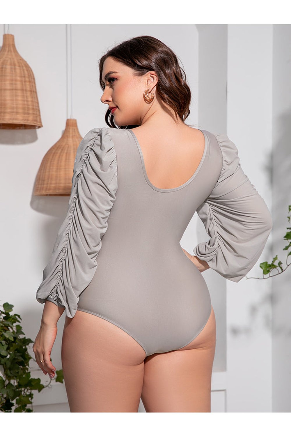 Plus Size Tied Deep V Balloon Sleeve One-Piece Swimsuit