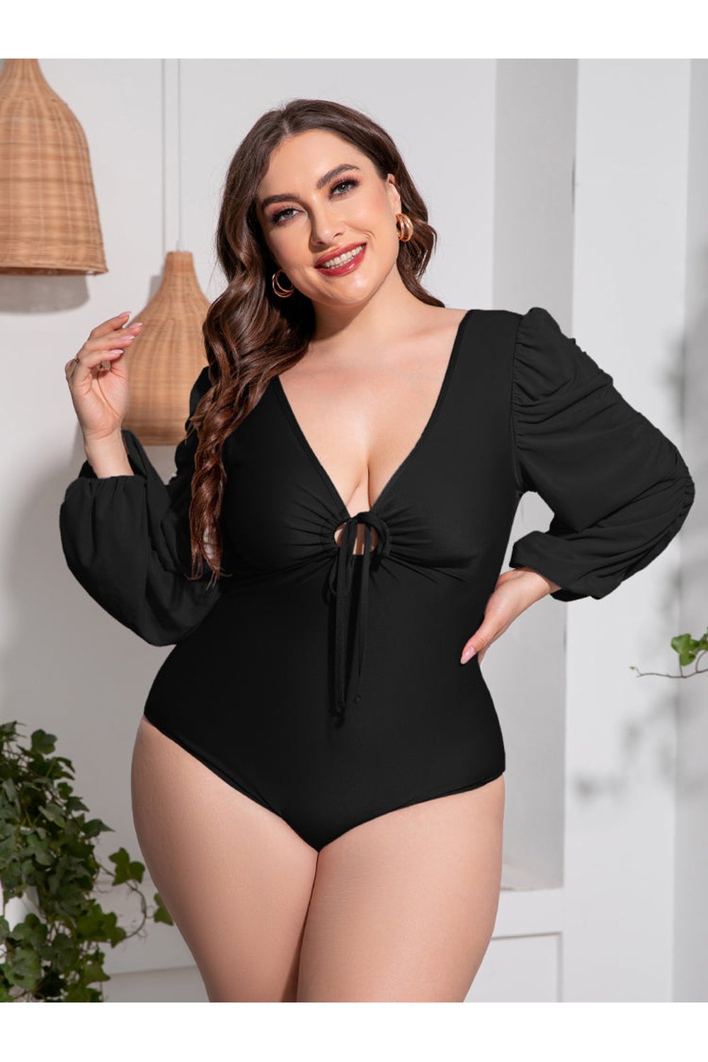 Plus Size Tied Deep V Balloon Sleeve One-Piece Swimsuit