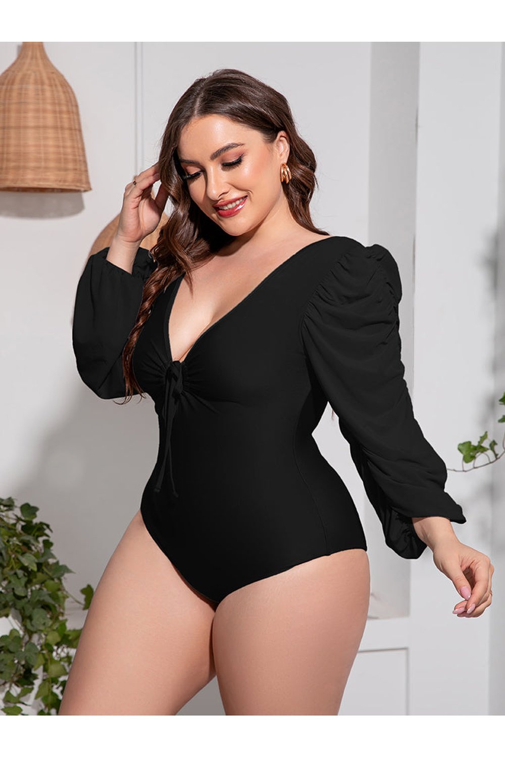 Plus Size Tied Deep V Balloon Sleeve One-Piece Swimsuit