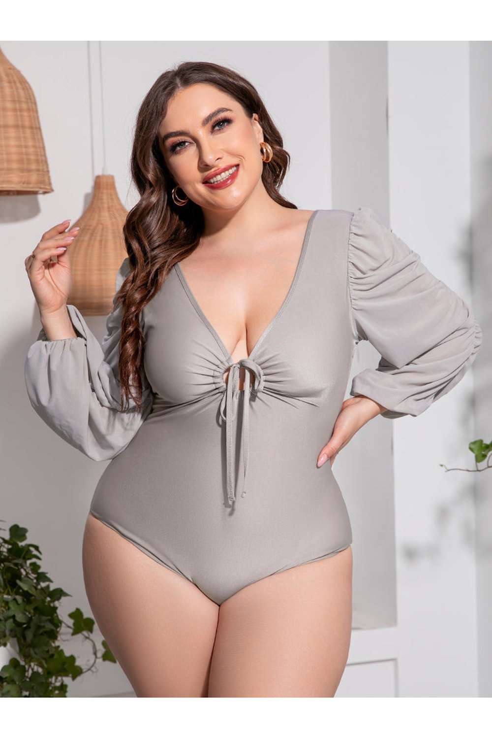 Plus Size Tied Deep V Balloon Sleeve One-Piece Swimsuit