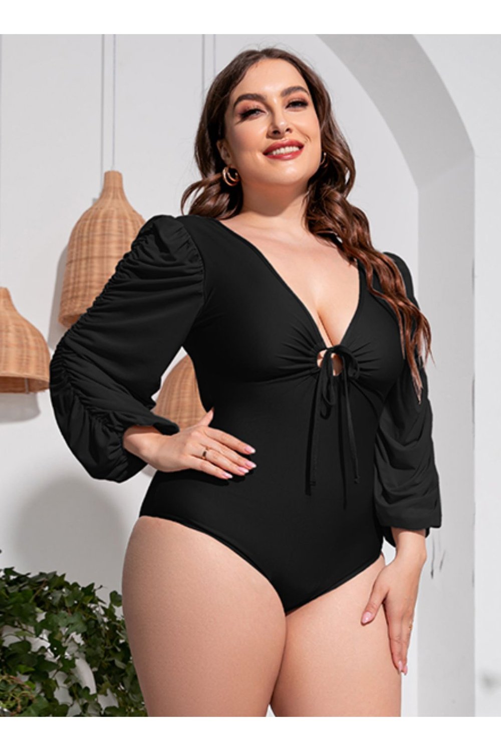 Plus Size Tied Deep V Balloon Sleeve One-Piece Swimsuit