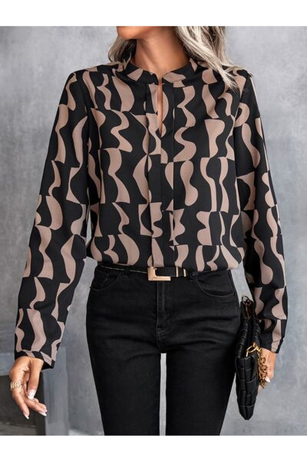 Printed Notched Long Sleeve Blouse