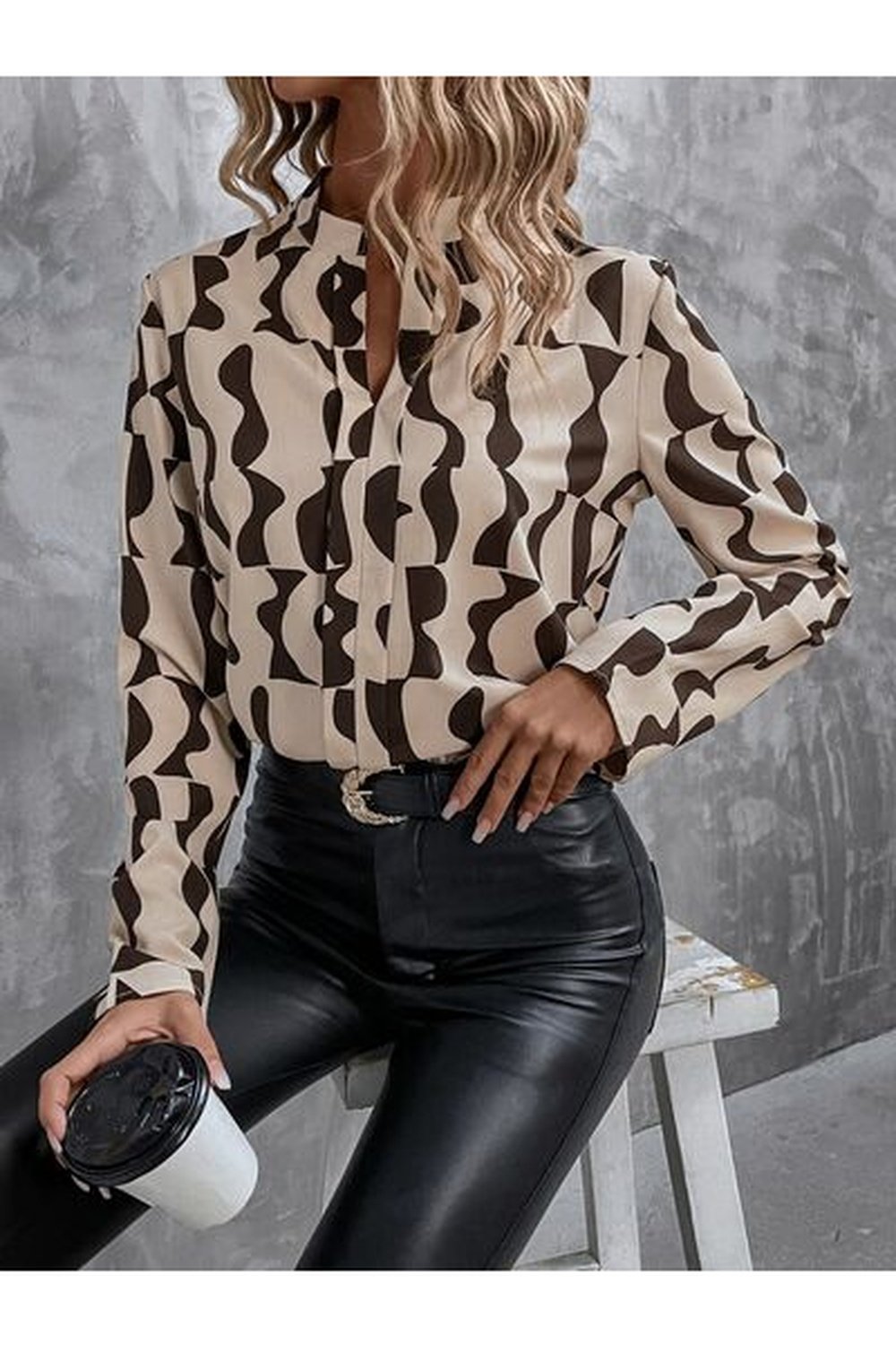 Printed Notched Long Sleeve Blouse