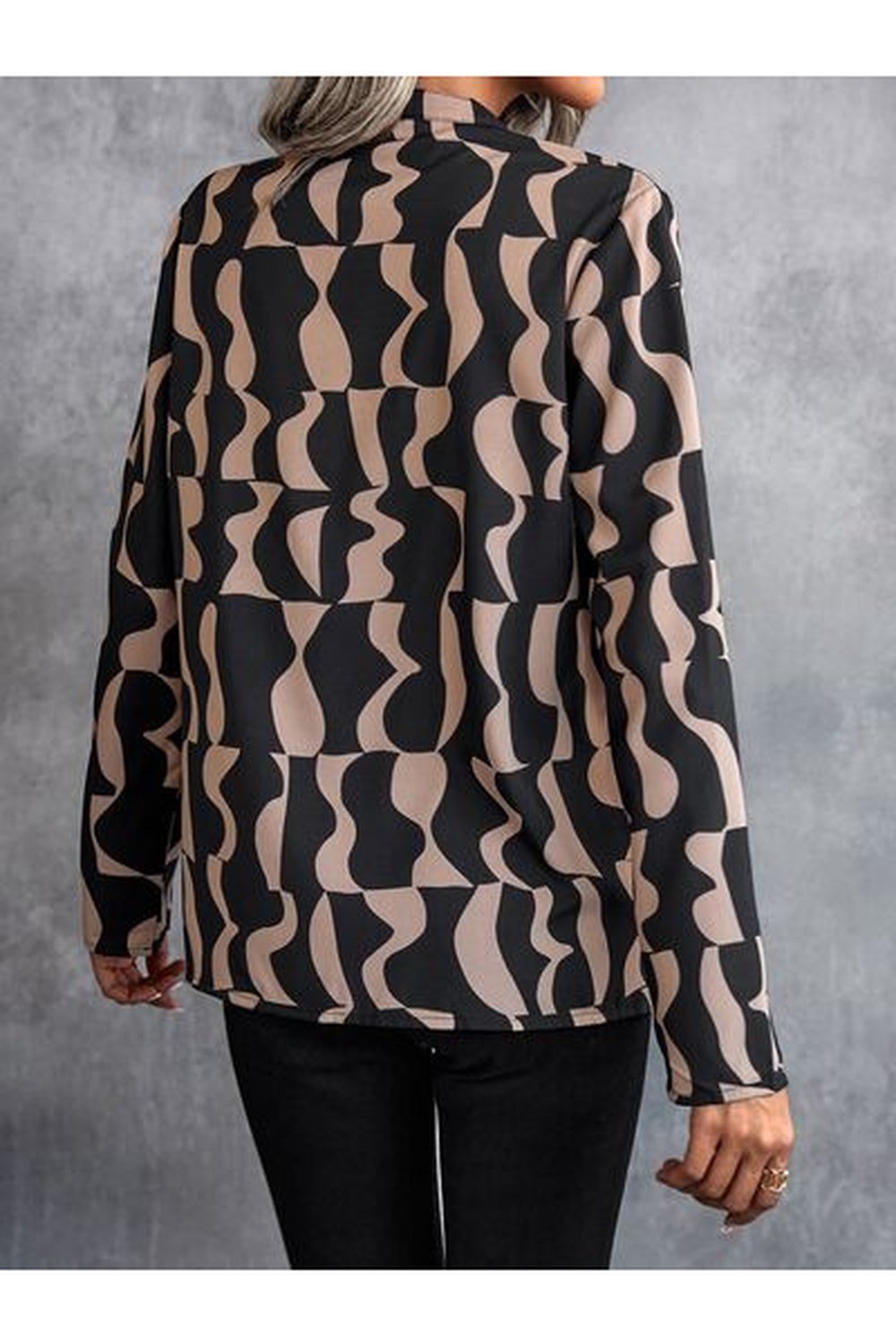 Printed Notched Long Sleeve Blouse