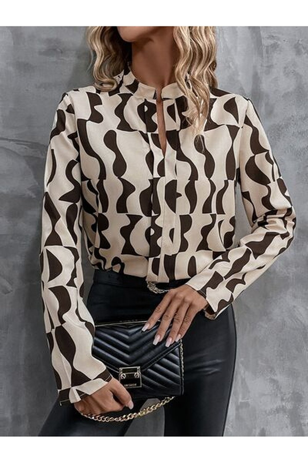 Printed Notched Long Sleeve Blouse