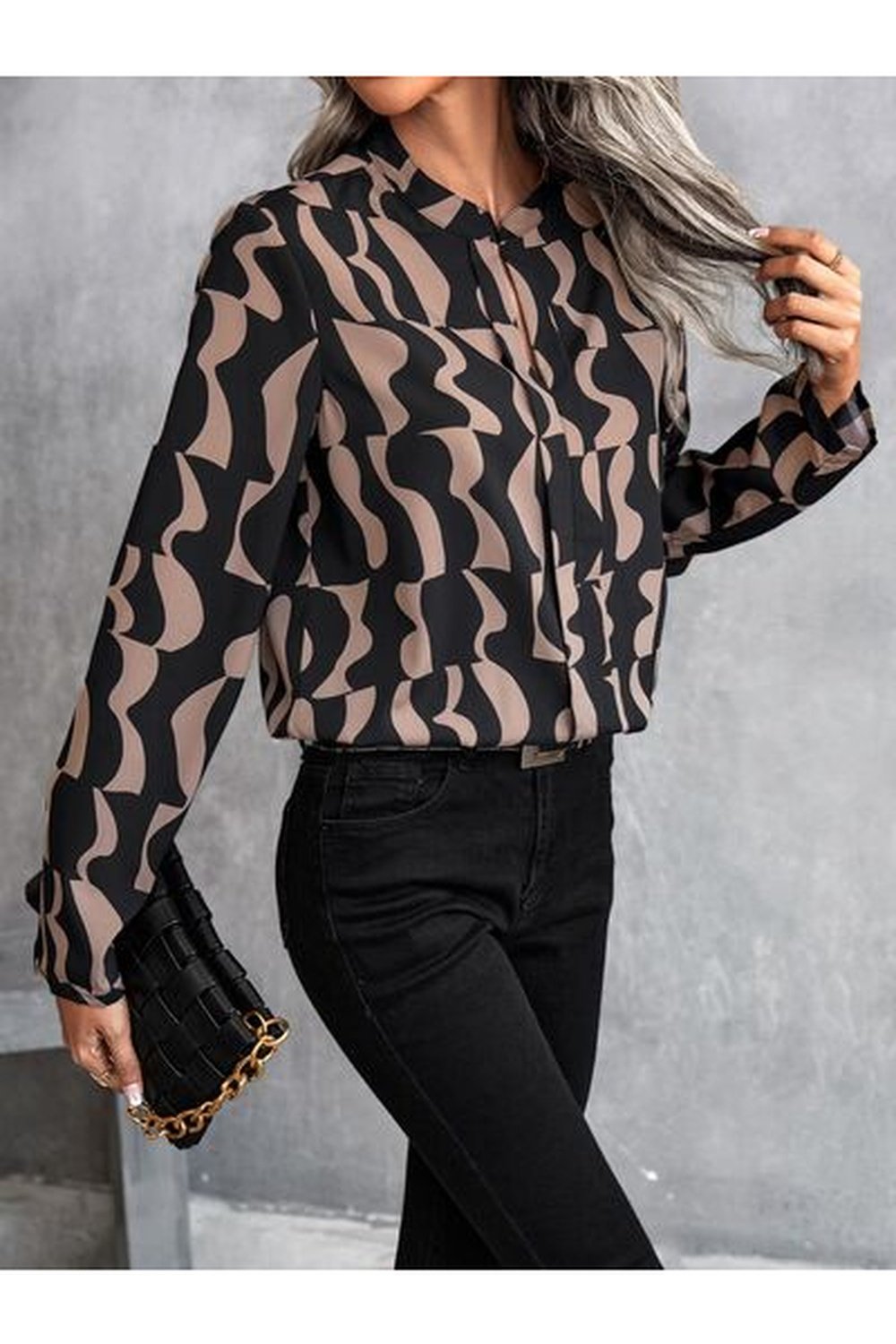 Printed Notched Long Sleeve Blouse