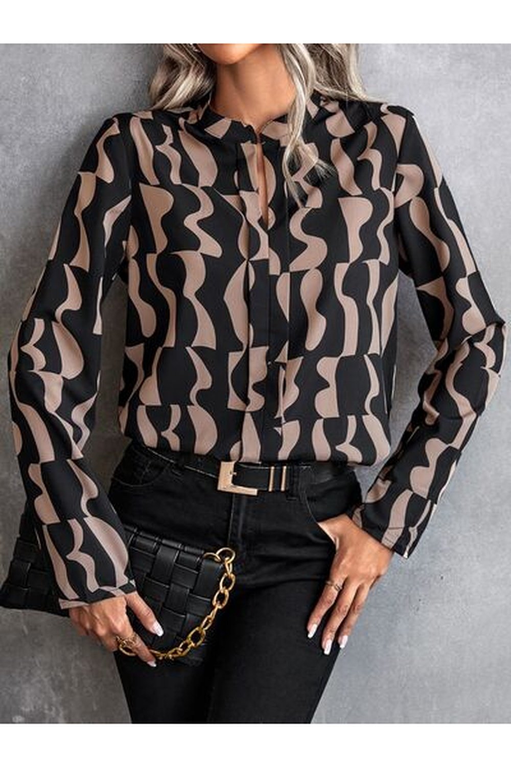 Printed Notched Long Sleeve Blouse