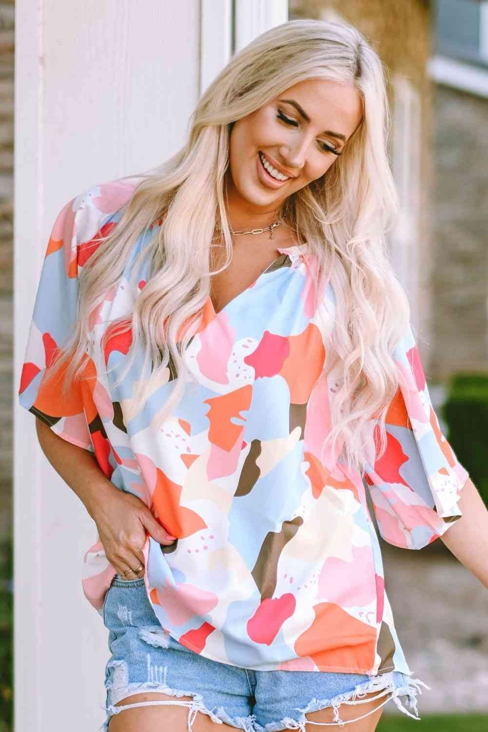 Printed Notched Neck Half Sleeve Blouse