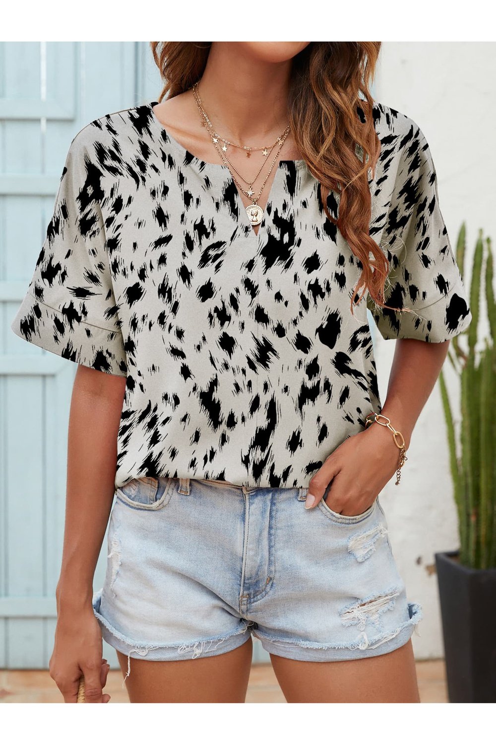 Printed Notched Neck Half Sleeve Blouse