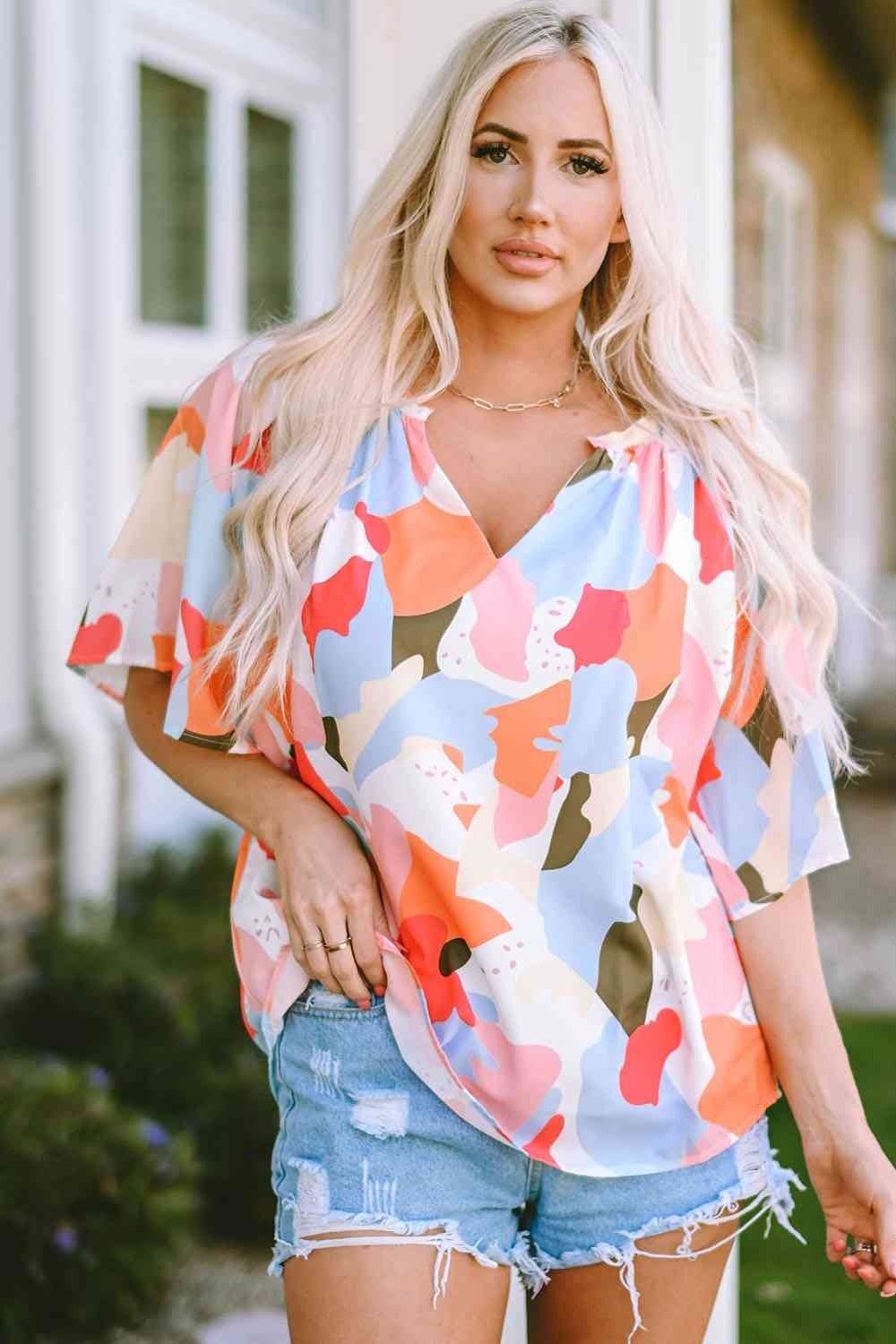 Printed Notched Neck Half Sleeve Blouse