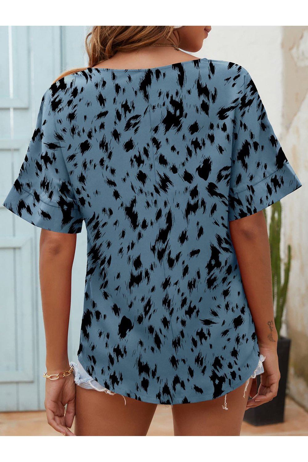 Printed Notched Neck Half Sleeve Blouse