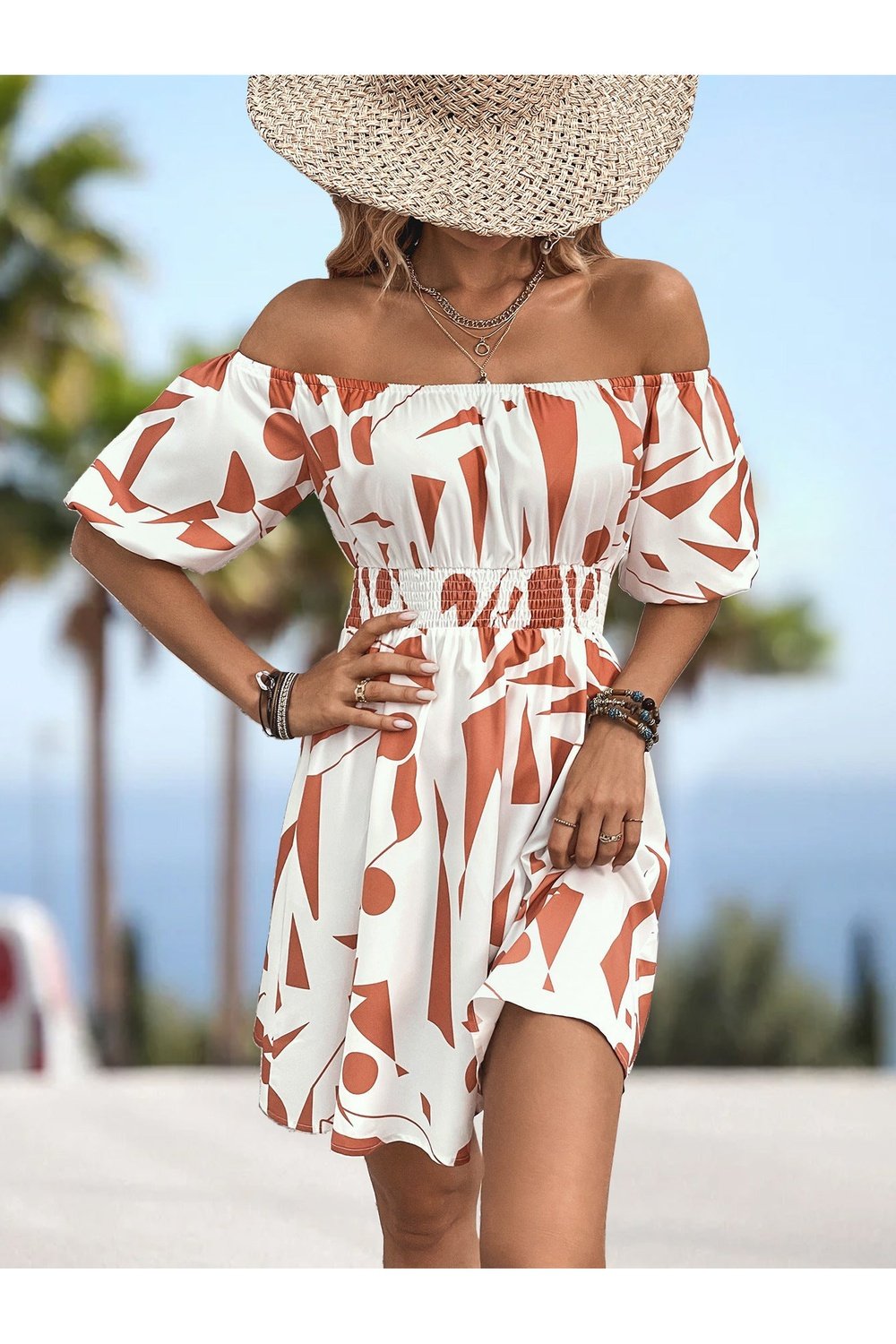 Printed Off-Shoulder Smocked Waist Dress