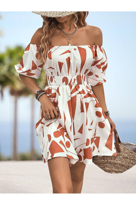 Printed Off-Shoulder Smocked Waist Dress