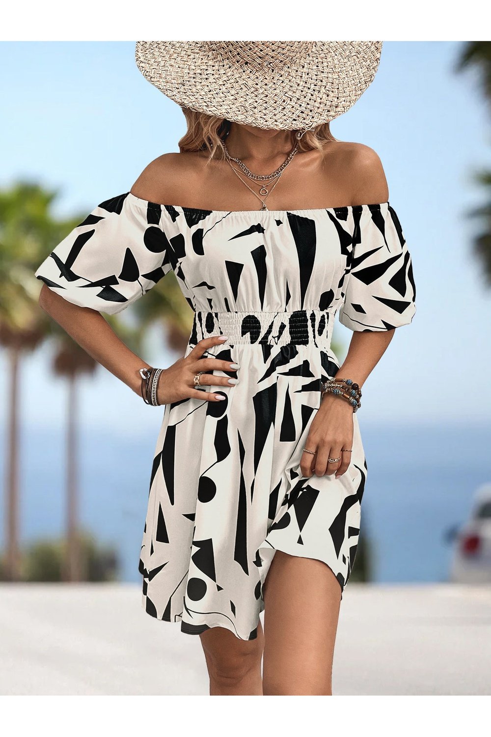 Printed Off-Shoulder Smocked Waist Dress