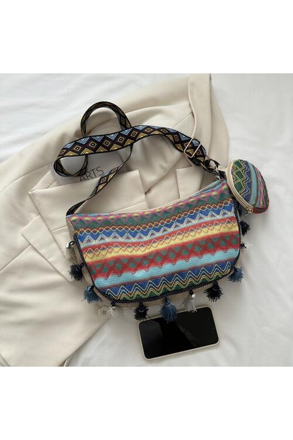 Printed Tassel Detail Crossbody Bag with Small Purse