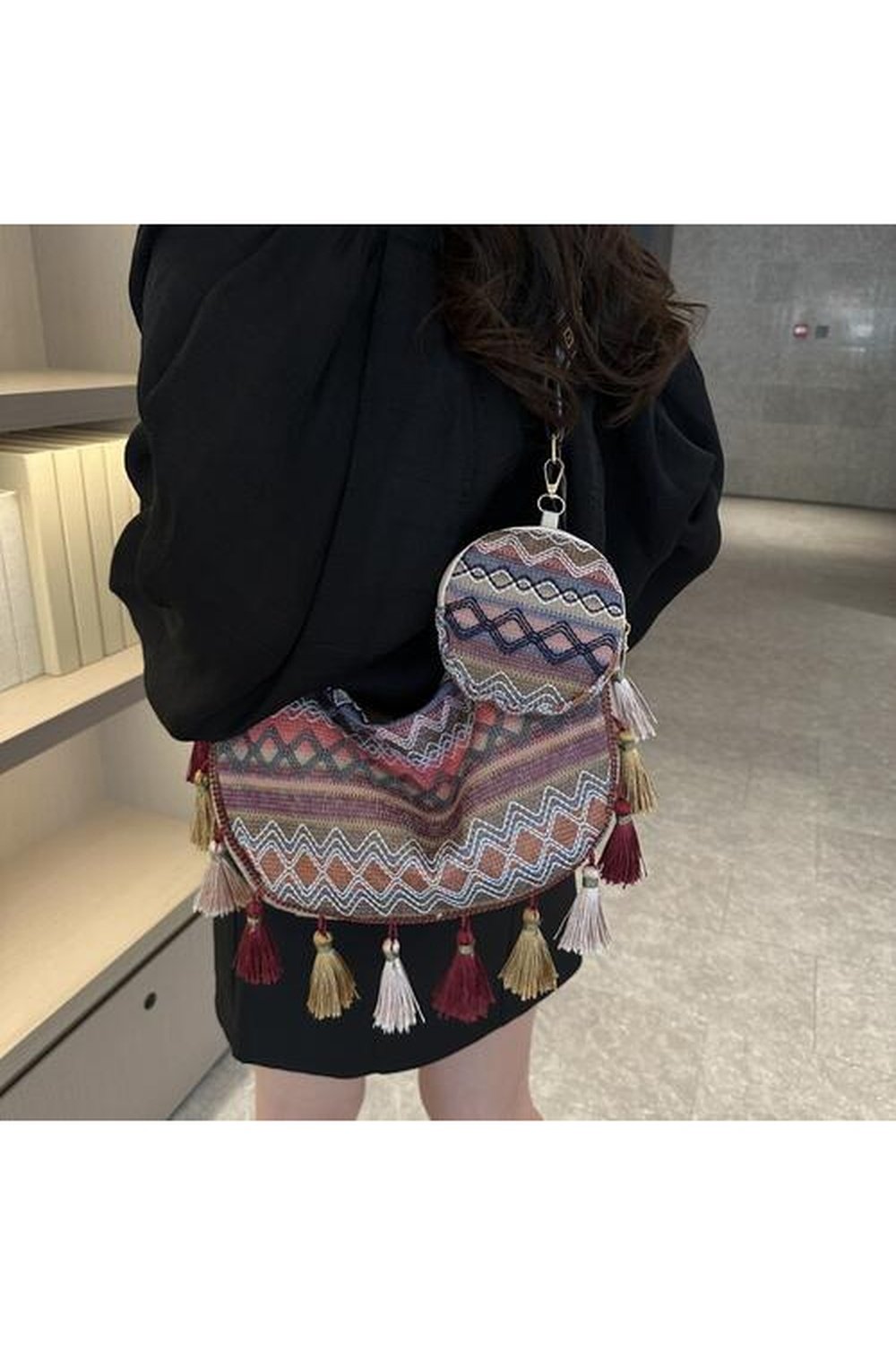 Printed Tassel Detail Crossbody Bag with Small Purse