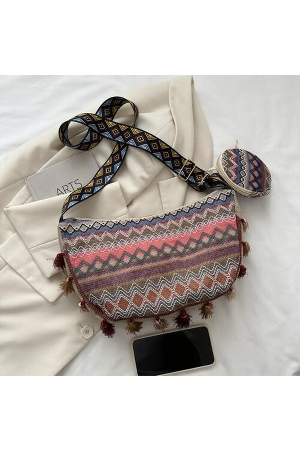 Printed Tassel Detail Crossbody Bag with Small Purse