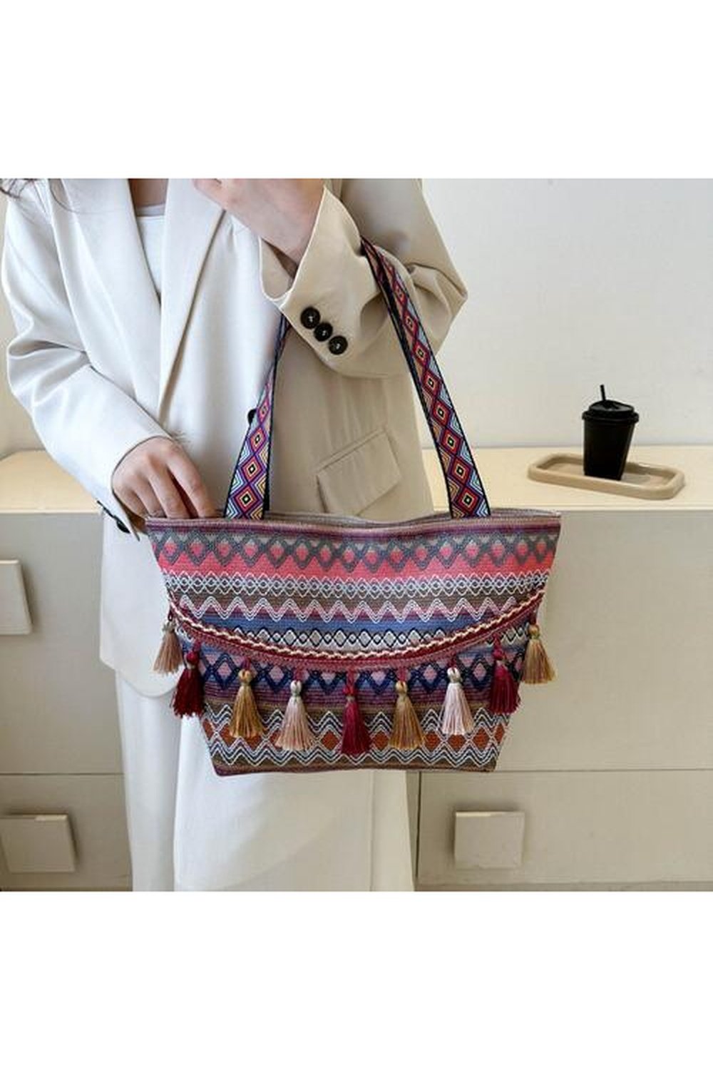 Printed Tassel Detail Tote Bag