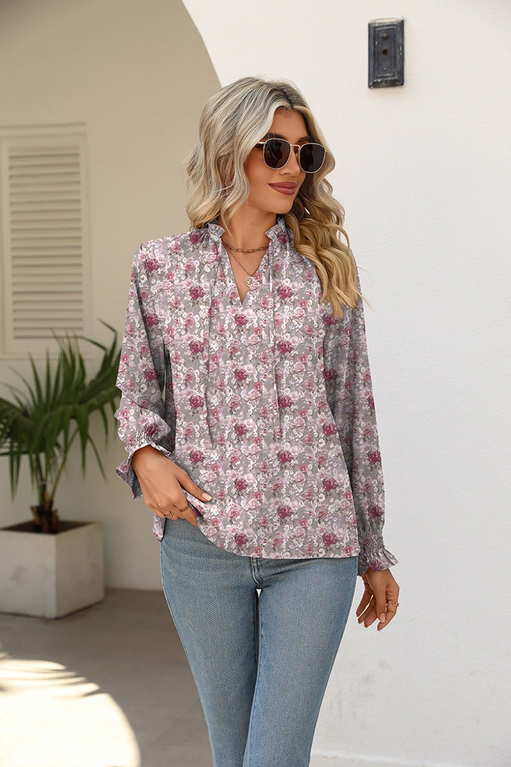 Printed Tie Neck Flounce Sleeve Blouse