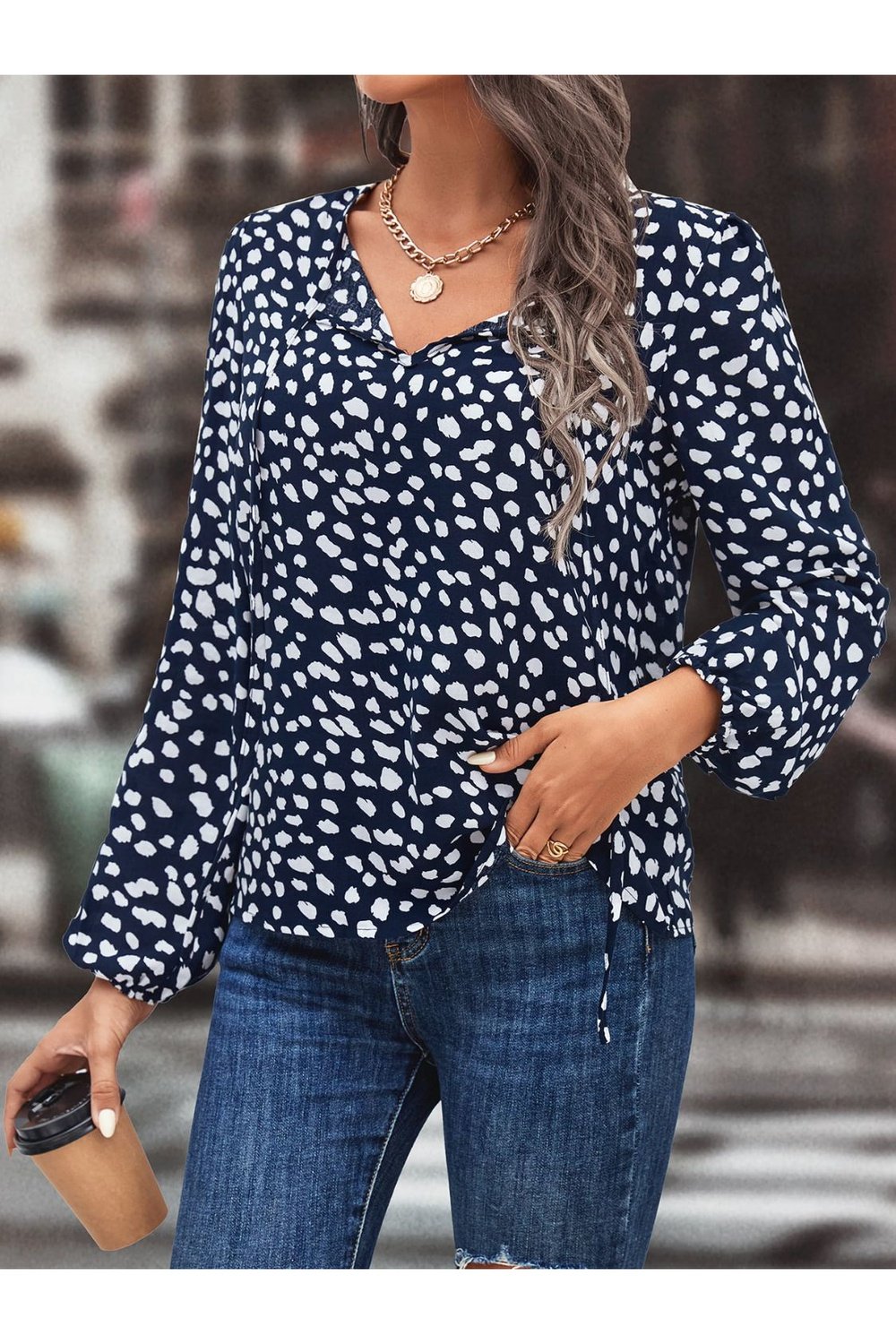 Printed Tie Neck Long Sleeve Blouse