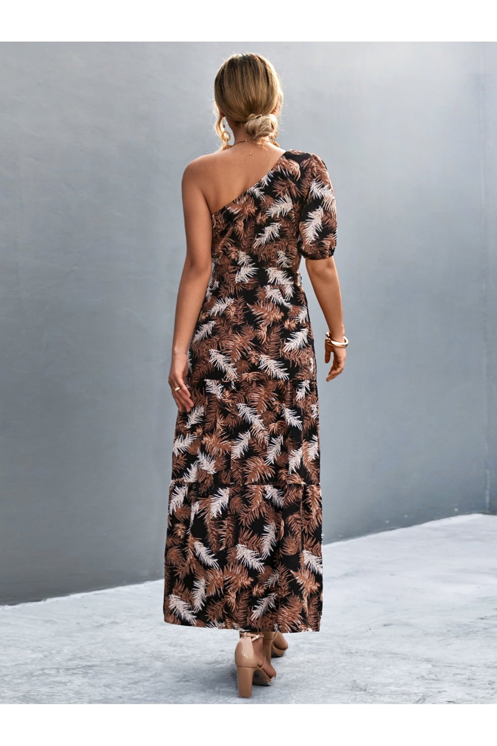 Printed Tie Waist One Shoulder Maxi Dress