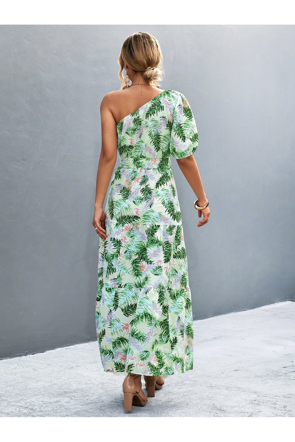 Printed Tie Waist One Shoulder Maxi Dress