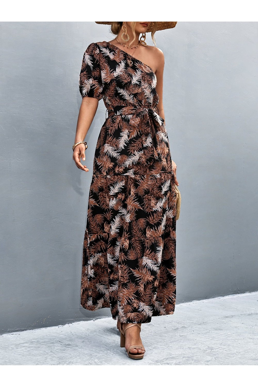 Printed Tie Waist One Shoulder Maxi Dress