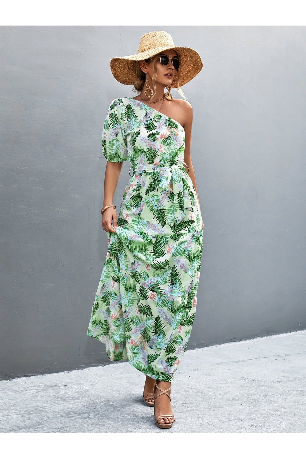 Printed Tie Waist One Shoulder Maxi Dress