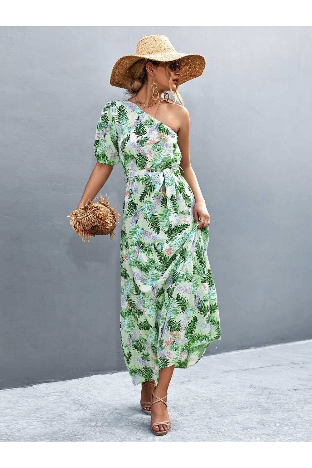 Printed Tie Waist One Shoulder Maxi Dress