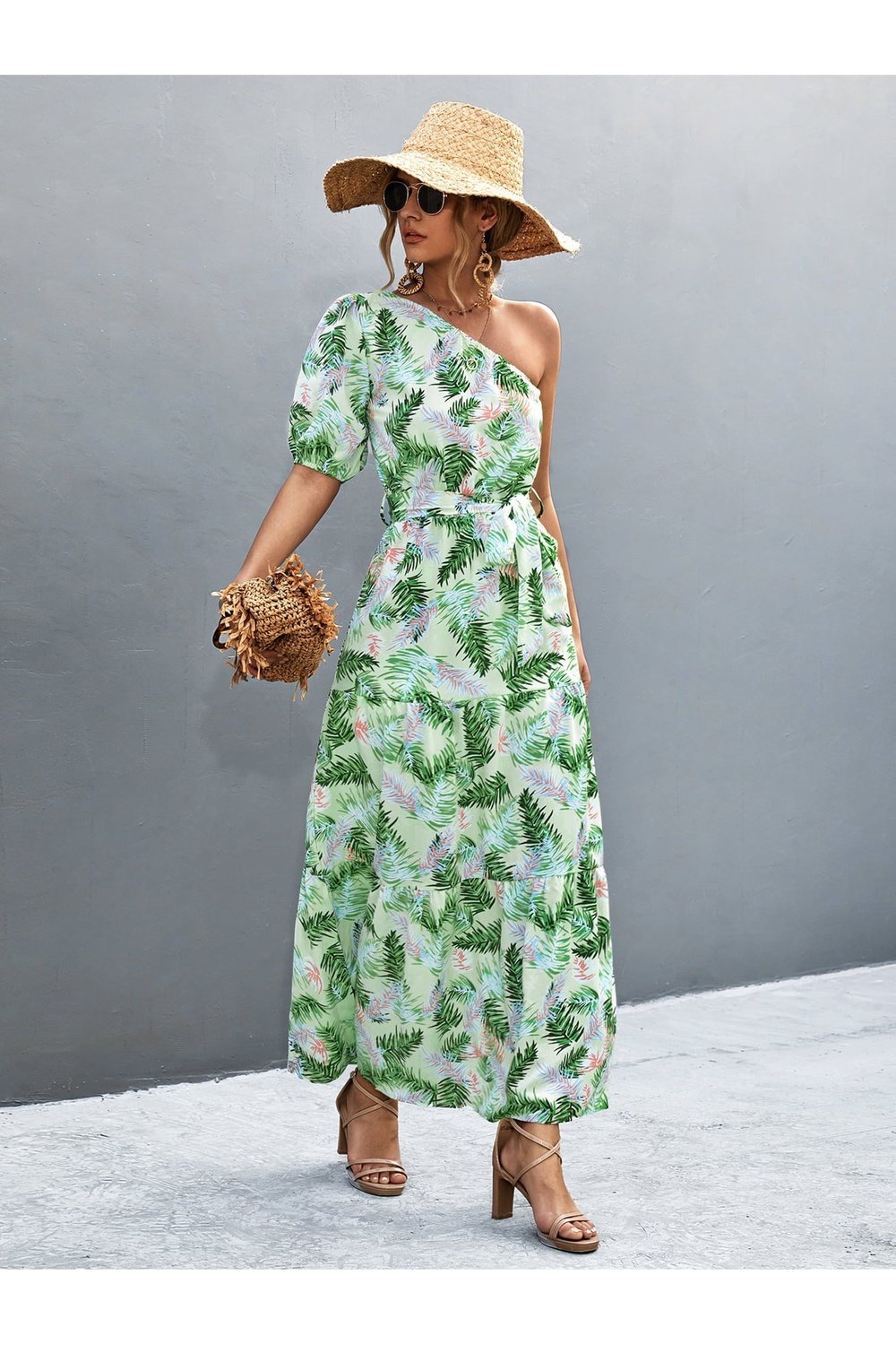 Printed Tie Waist One Shoulder Maxi Dress