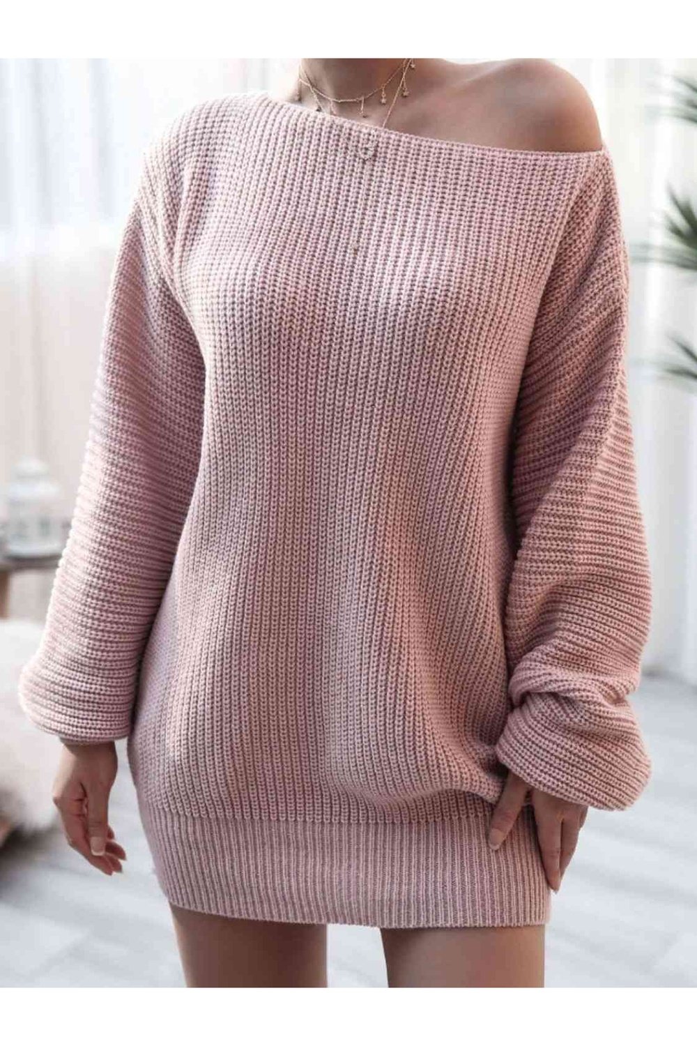 Rib-Knit Balloon Sleeve Boat Neck Sweater Dress