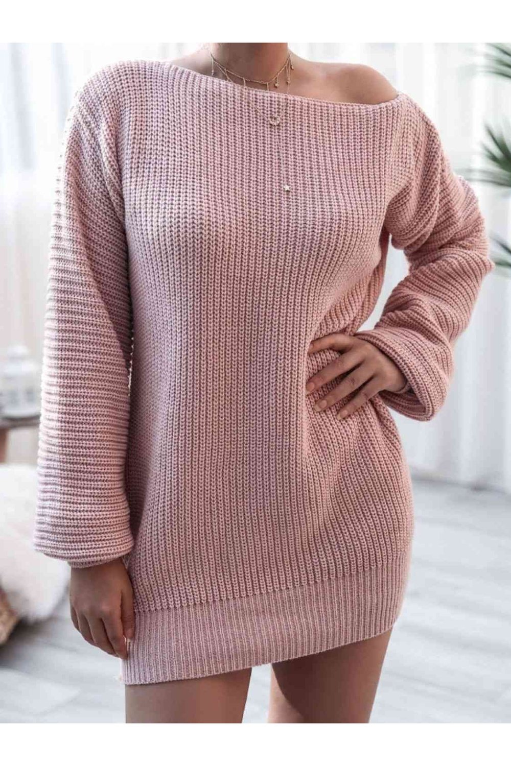 Rib-Knit Balloon Sleeve Boat Neck Sweater Dress