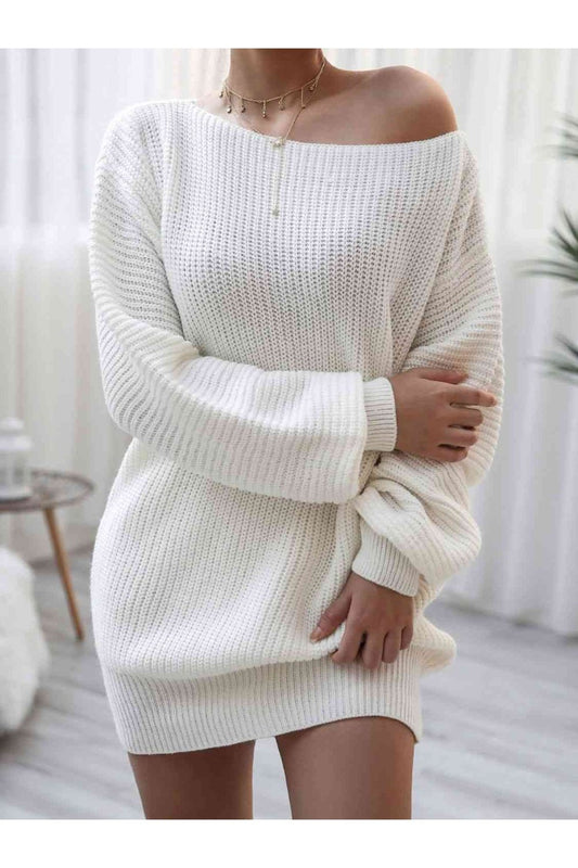 Rib-Knit Balloon Sleeve Boat Neck Sweater Dress