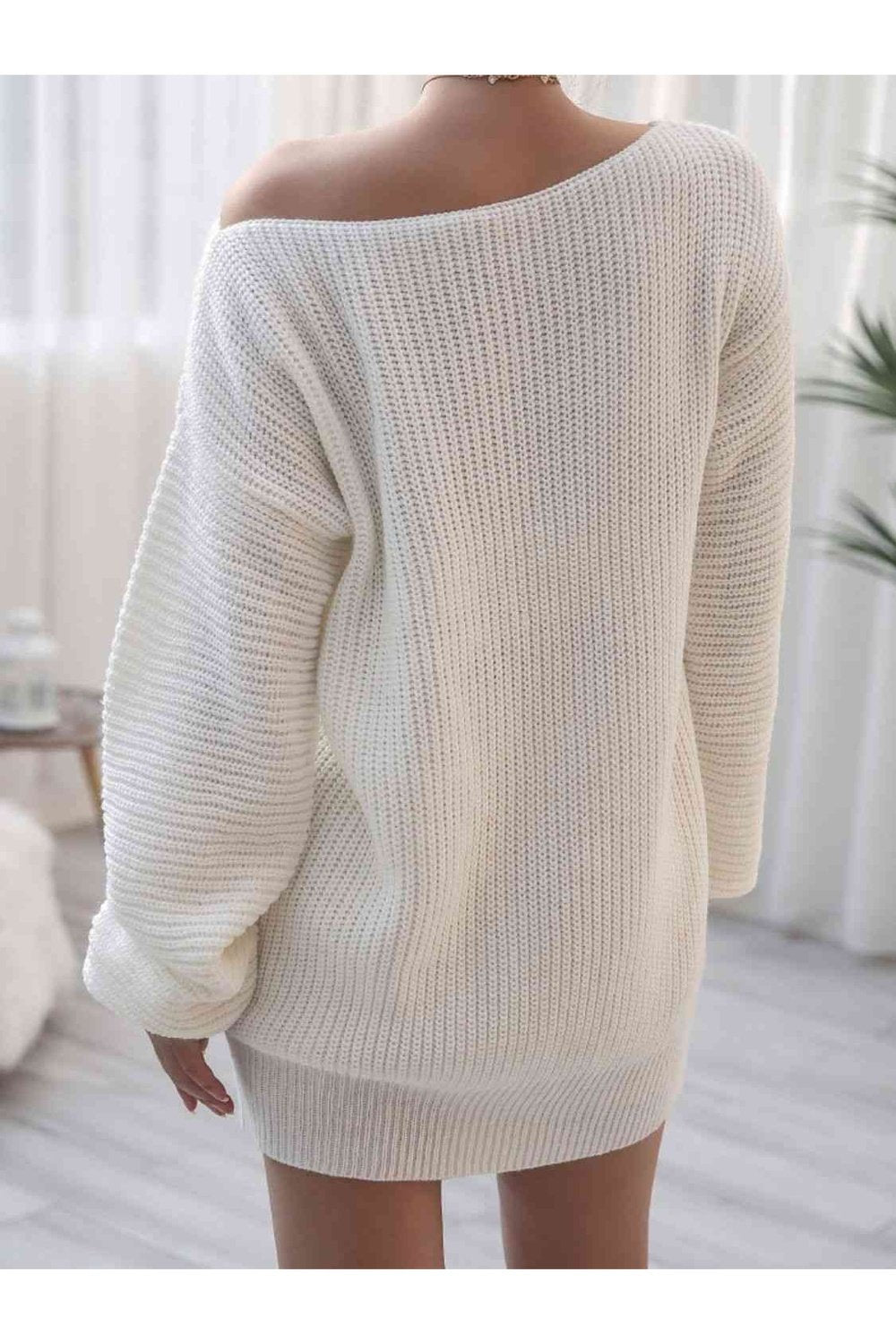 Rib-Knit Balloon Sleeve Boat Neck Sweater Dress