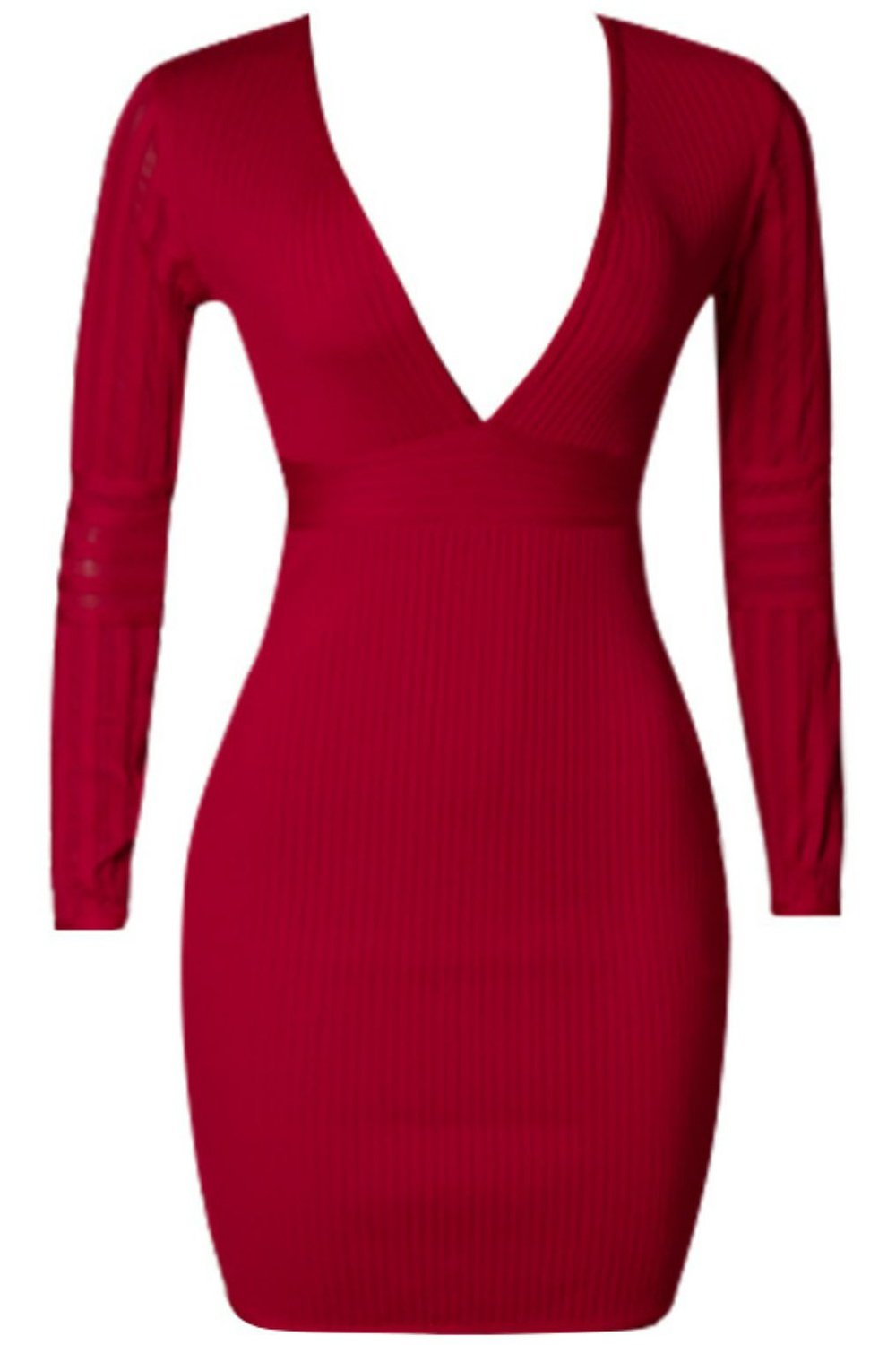 Ribbed Deep V Long Sleeve Mini Bandage Dress